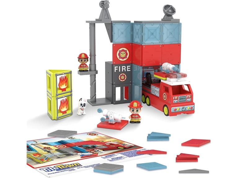 Tile Town Fire Station + Firetruck Magnetic Tiles