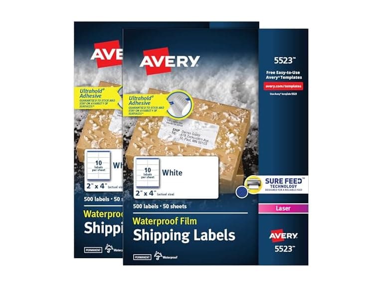 Avery Waterproof Labels with Ultrahold Adhesive, 2" x 4", Laser, 2PK