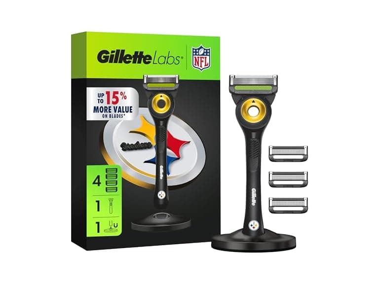 Gillette Labs Special NFL Steelers Edition Shaving Razor for Men - 1 Handle, 4 Razor Blade Refills & Magnetic Stand, GilletteLabs with Exfoliating Bar