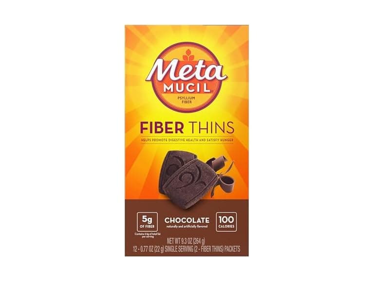 Metamucil Fiber Thins, Psyllium Husk Fiber Supplement, Digestive Health Support and Satisfy Hunger, Chocolate Flavored, 12 Servings
