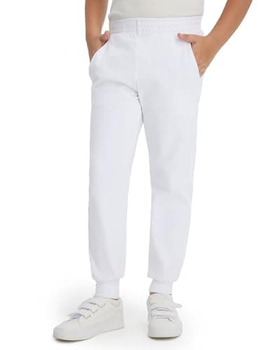 M MAELREG Boys' Activewear Pants Fleece Joggers with 2 Back Zipper Pockets Cuffed Ankles Athletic Casual Sweatpants White