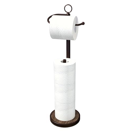 Toilet Paper Holder Free Standing with Storage 4 Rolls Stainless Steel Toilet Paper Holder Stand with Weighted Wood Grain Base Space-Saving Tissue Roll Holders for Bathroom Black & Bronze (Bronze)