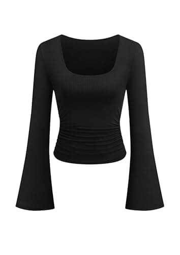 PRETTYGARDEN Womens Bell Long Sleeve Shirts Going Out Tops, Black,L