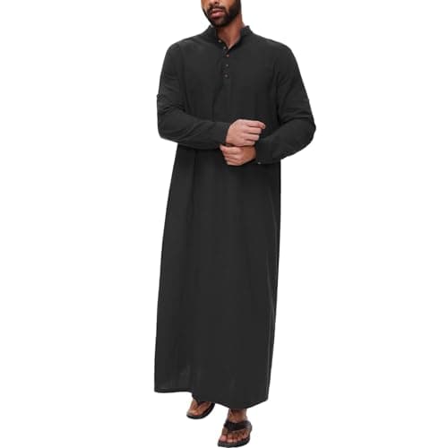 Generic Kurta Men Long Sleeve Kaftan Thobe Muslim Men Thobe Big and Tall Kaftan Men Thobe with Pocket, X-Large, Black-3