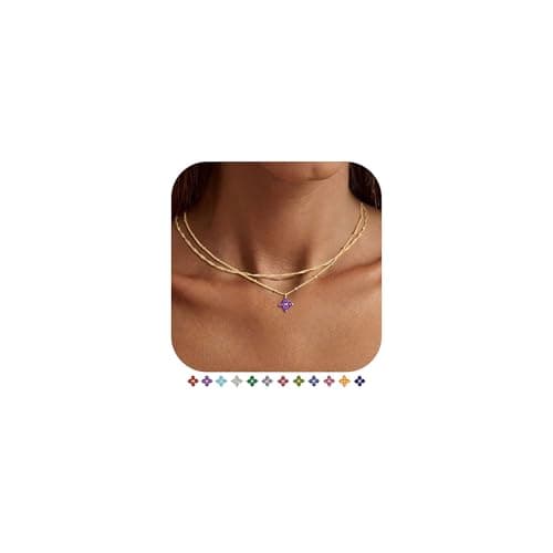 M MOOHAM Mothers Day Gifts for Women - Dainty Layered February Birthstone Necklace Amethyst Birthstone 14K Gold Plated Purple CZ Pendant Necklaces Trendy Birthday Jewelry Gifts for Women