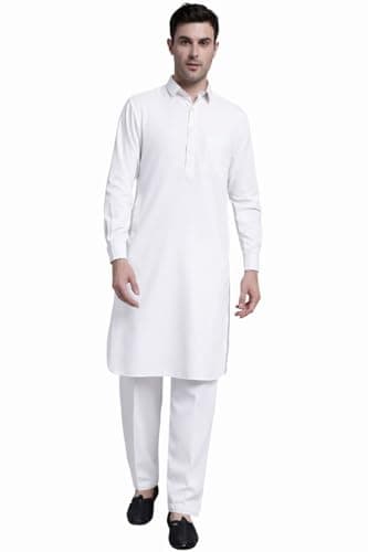 Maple Clothing Punjabi Kurta Pajama Set Solid Color Pathani Indian Apparel for Men (White, XL)