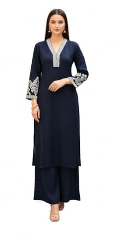 Women’s Embroidered Kurta Set with Pants – Straight Fit Ethnic Wear, 3/4 Sleeve V-Neck Traditional Outfit (US, Alpha, XX-Large, Regular, Regular, Blue)