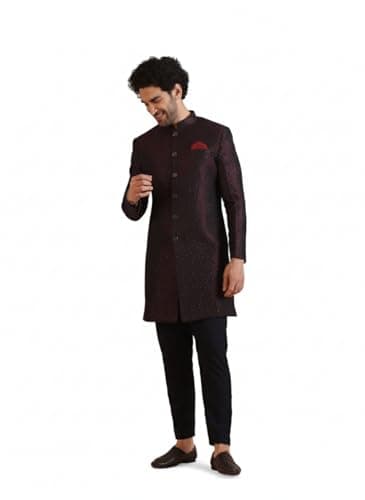 KISAH Men's Sherwani Set with Trouser – Textured Silk Blend Jacquard Ethnic Set with Mandarin Collar – Indian Wedding & Festive Wear for Diwali, Eid & Celebrations, Maroon, 40