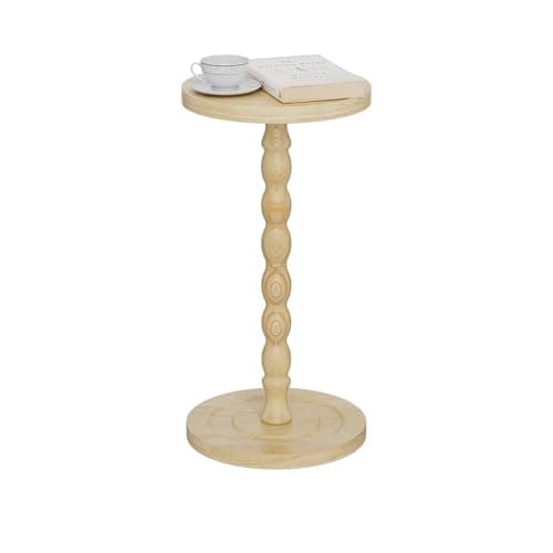 Simple Trending Round Side Table, Small Drink Table, Beside End Table with Pedestal Accent, Coffee Table for Small Spaces, Natural Wood