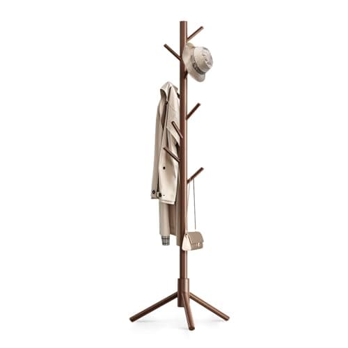 OUTGAVA Wooden Coat Rack Freestanding with 8 Hooks,Easy Assembly New Zealand Pine Tree Coat Racks, 3 Adjustable Sizes for Clothes, Hats, Bags, for Entryway, Hallway, Bedroom, Office (Brown, 1 PC)