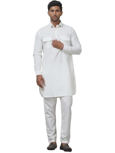 Punjabi Kurta Pajama Set Pathani Solid Color Indian Apparel for Men (Cream, XL)
