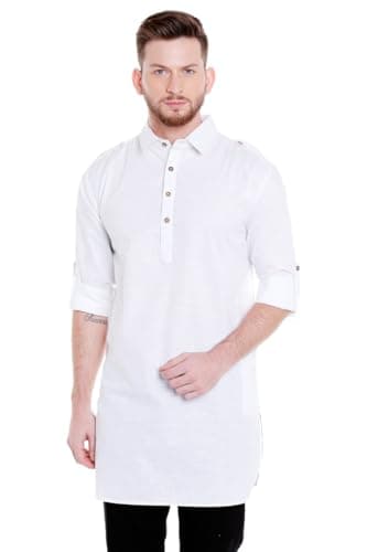 In-Sattva Men's Pullover Pathani Rollup Sleeve Kurta Tunic with Shoulder Strap; White; Large