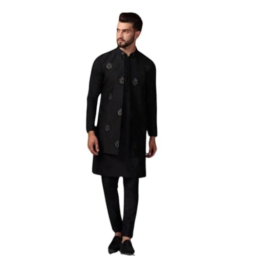 KISAH Men's Kurta Jacket Trouser Set, Silk Blend, Woven Design Regular Fit Mandarin Collar Long Sleeves | Traditional Wear for Men, Black1-44