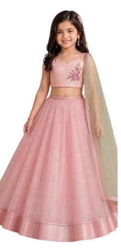 Modish Girls Pink Lehenga Choli Set with Dupatta, Floral Embroidered Crop Top, Ethnic Festive Wear (US, Age, 4 Years, 5 Years)