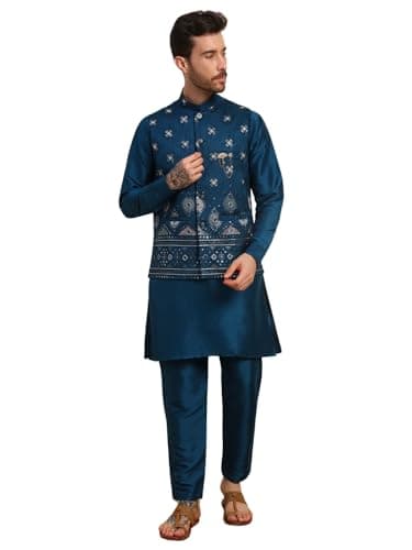 Pro-Ethic Style Developer Mens Heavy Cotton Silk Sequence Kurta Trouser Set With Waistcoat (Nehru Jacket) (C-118) Navy blue XX-Large