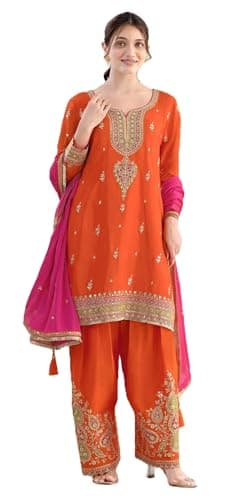 Shriva Fashion Indian Pakistani Women's Ready to wear ethnic Salwar Kameez Suit for Eid Party Wedding Festivals (3001) (Orange, 46)