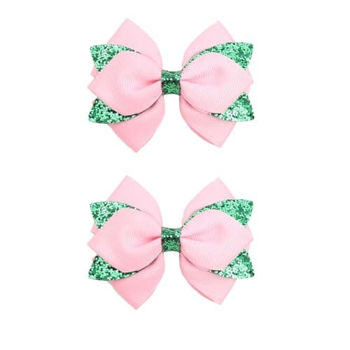 2Pcs Witch Hair Bow Clips - Handmade Black Satin Glitter Pink and Green Magical Hair Bows Clips for Witch Merch Gifts for Halloween Costume Accessories Party Decorations (Pink-Green)