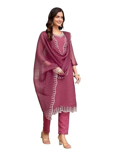 TRENDMALLS Women's Chiffon Siroski Zarkan work Kurta Pant Set with Dupatta for Women (G262-Pink-XL)
