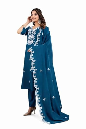 FOXDX Women Embroidered Straight Kurta Pant Set with Dupatta – Traditional Ethnic Wear for Women (US, Alpha, XX-Large, Regular, Regular, Morpich)