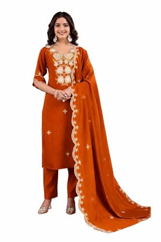 FOXDX Women Embroidered Straight Kurta Pant Set with Dupatta – Traditional Ethnic Wear for Women (US, Alpha, Medium, Regular, Regular, Orange)