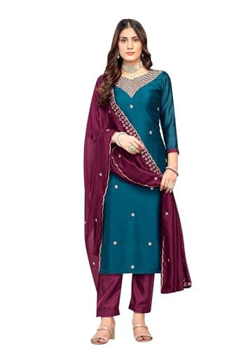 ladyline Women's Chinon Silk Embroidered Salwar Kameez Set - Elegant Copper Gold Embroidery – Indian Pakistani Party Wear Ethnic Dress (GESK VVIB) (42/ Blue-2)