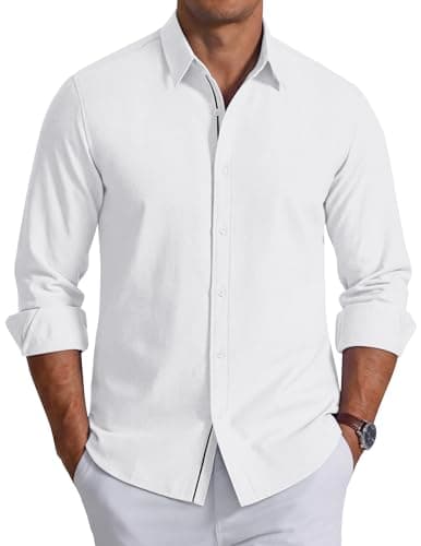 COOFANDY Mens Long Sleeve Button Down Shirt Casual Untucked Shirts for Men Oxford Dress Shirts White
