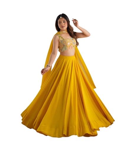 Women's Ethnic Yellow Lehenga Choli Set Designer Indian Wedding & Party Wear Outfit (X-Large)