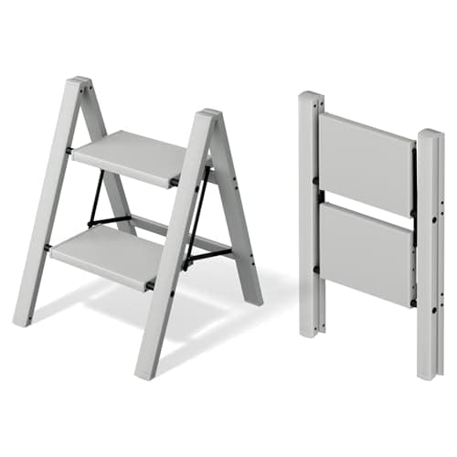 Mayi Plus 2 Step Ladder,Aluminum Folding Step Stool for Adults,Step Ladder with Wide Anti-Slip Pedal,330 lbs Capacity for Home,Office,Kitchen,Library(Grey)