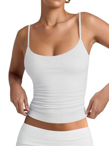 PINKMSTYLE Womens Double Lined Spaghetti Strap Tank Top Scoop Neck Sleeveless Basic Cami Shirts White Small