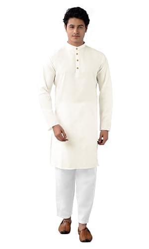 Chandrakala Men's Tunic Cotton Kurta Pajama Set Indian Casual Yoga Dress Cream,Small (MK112CRE1)