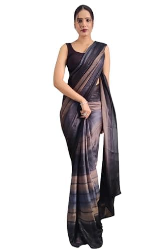BE4ME.COM Ready to wear printed Chiffon Saree for women Floral Printed party wear one Min ready sari with Unstitch Blouse (BLACK)
