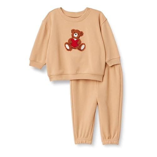Amazon Essentials x Sofia Grainge Unisex Babies' Sweatshirt & Sweatpant Set, Light Camel Big Bear Heart, 24 Months