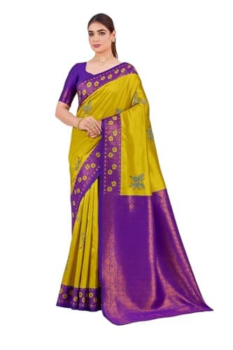 Women's Banarasi Silk Saree with Mustard Zari Weaving | Festive Wear (Yellow)