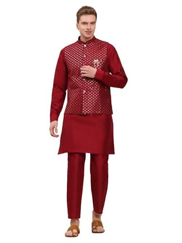 Pro-Ethic Style Developer Mens Indian Traditional Silk Kurta Set With Jacket For Men Floral Design (C-114) Maroon XXXX Large