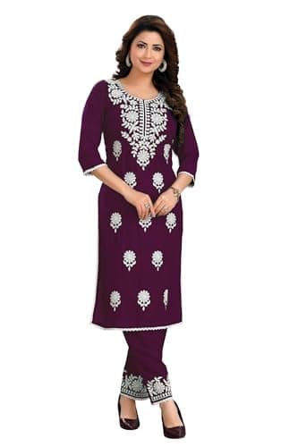 ladyline Rayon Plain Lucknowi Embroidered Kurta with Pants Set for Women Indian Dress(REKP TWKP) (44/Wine)