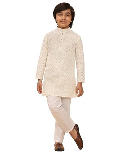 Pro-Ethic Style Developer Pure Cotton Sequined Embroidred Kurta for Boys | Traditional Indian Festive Kurta | Stylish Comfortable Outfit for Weddings | 11-12 Years | Cream (S-279)