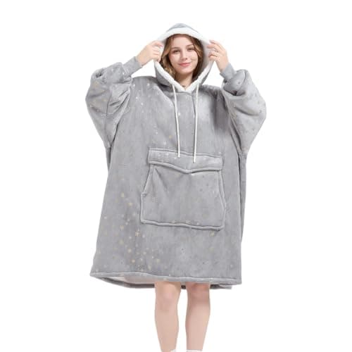 Qeils Wearable Blanket Hoodie for Women, Comfy Sherpa Sweatshirt Blanket as Birthday Christmas Gifts, Oversized Pullover Jacket Blanket Hoodie for Adult (Silver Foil Star, Adult)