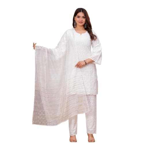 DHAKA Women's White Chikankari Kurta Pant with Dupatta Set | Cotton Embroidered Ethnic Salwar Suit for Festive & Traditional Wear | Small