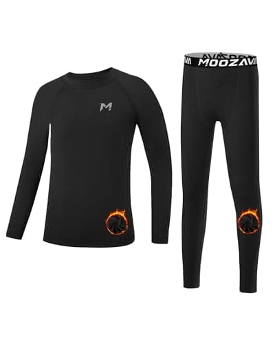 Moozava Boys Thermal Underwear Set Compression Fleece Shirt Pants Kids Youth Long Sleeve Base Layer Football Baseball Sports Black XS