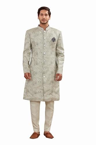 Indian Designer Wedding Festive Season Men's Jacquard Indo-Western Sherwani Pajama Set