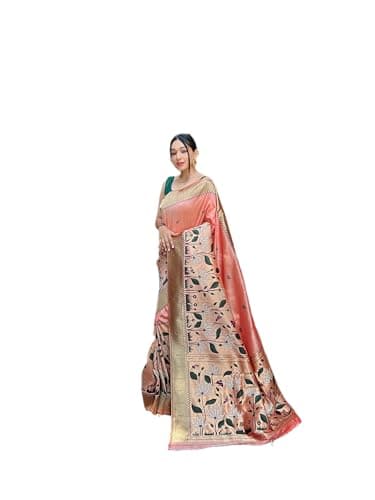 Rang Priya Paithani Silk Zari Woven Saree with contrast unstitched blouse (Peach)