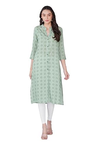 Sunehla Deal Printed Rayon A-Line Kurti for Women | Collar Neck | 3/4 Sleeve Indian Casual Wear (Multicolor, X-Large)