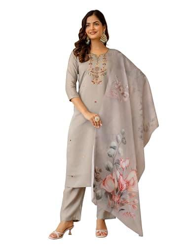TRENDMALLS Women's Chanderi Silk Embroidery Work Kurta Pant Set with Dupatta For Women (G397-LightGrey-XL)