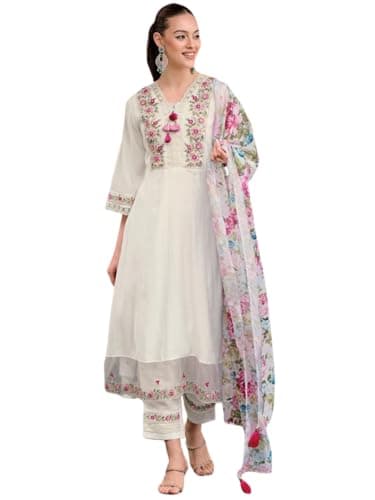 zomiconice Women's Viscose Silk Embroidery A-line Kurta Pant Salwar Suit Set Full iner Kurta Set for Women (US, Alpha, XX-Large, Regular, Regular, 1, off white)