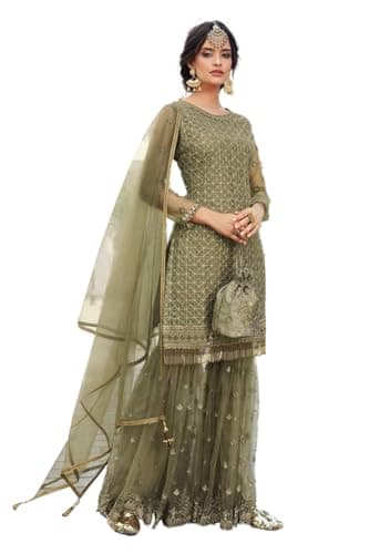 Indya Olive Green Embroidered Net Sharara Set for Festive | Long Sleeve | Crew Neck | Indian Ethnic Wear