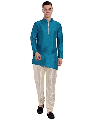 SKAVIJ Men's Art Silk Self Design Kurta Pajama Set Mandarin Collar 2-Piece Ethnic Festive Dress (KP071turquoise_Turquoise_M)