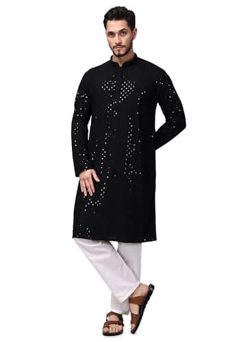 Royal Kurta Men's Silk Blend Sequence Mirror Work Kurta Churidaar Set Black Size40