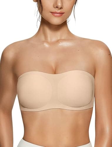 Vertvie Womens Strapless Bra Push Up Seamless No Show Jelly Bandeau Bra Wireless Non Slip Tube Top Padded Bralette(Sand,Large)