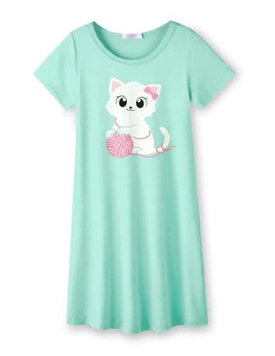 Arshiner Girls Nightgowns Summer Soft Cute Cartoon Print Pajama Sleep Dress for Kids Green Yarn Cat 9-10 Years