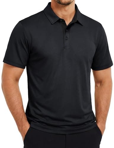 TACVASEN Mens Golf Shirts Dry Fit Polo Short Sleeve Moisture Wicking Performance Collared Shirt for Work Casual Athletic Black, L